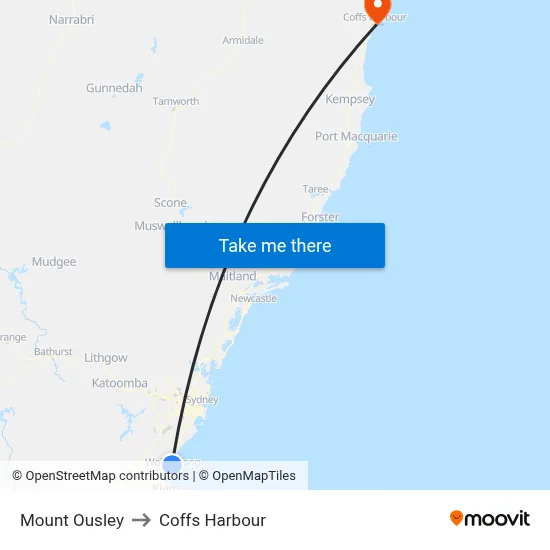 Mount Ousley to Coffs Harbour map