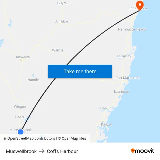 Muswellbrook to Coffs Harbour map