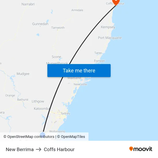 New Berrima to Coffs Harbour map