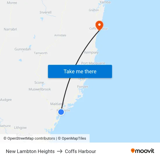 New Lambton Heights to Coffs Harbour map