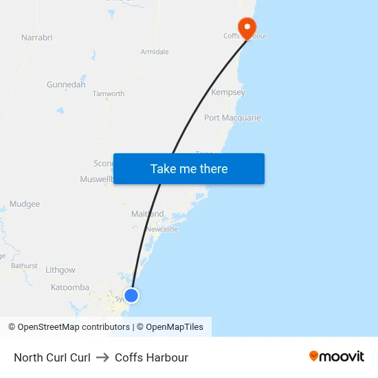North Curl Curl to Coffs Harbour map