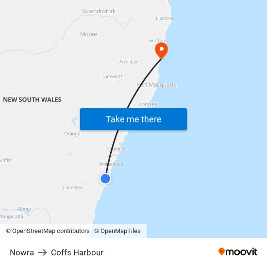 Nowra to Coffs Harbour map