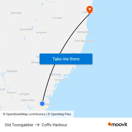Old Toongabbie to Coffs Harbour map