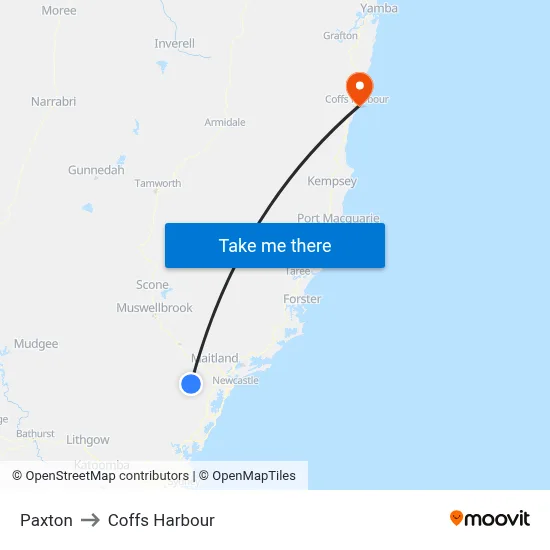 Paxton to Coffs Harbour map