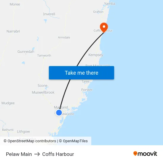 Pelaw Main to Coffs Harbour map
