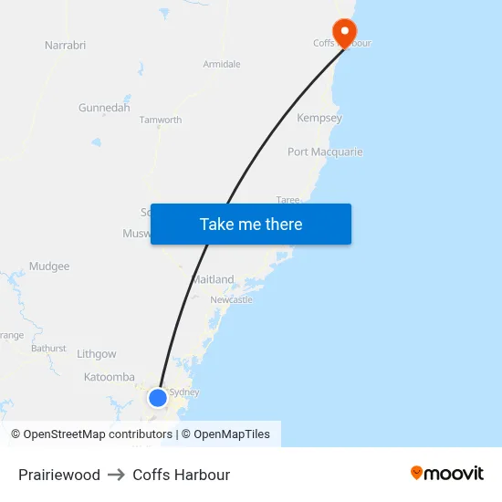 Prairiewood to Coffs Harbour map