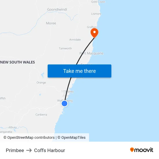 Primbee to Coffs Harbour map