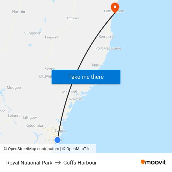 Royal National Park to Coffs Harbour map