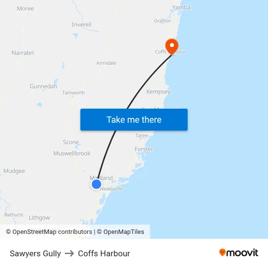 Sawyers Gully to Coffs Harbour map