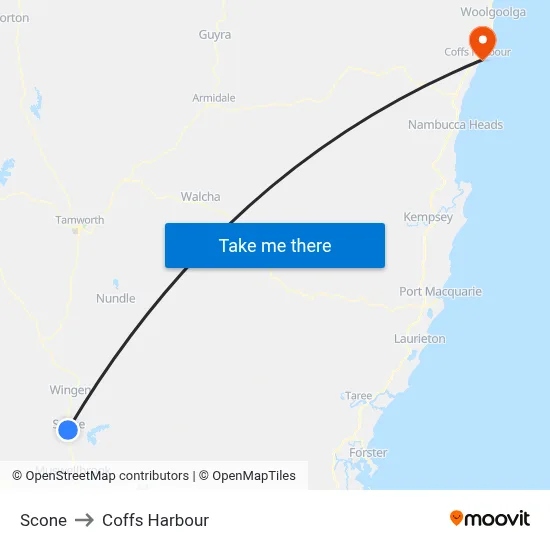 Scone to Coffs Harbour map