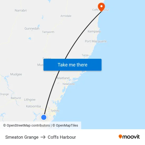 Smeaton Grange to Coffs Harbour map