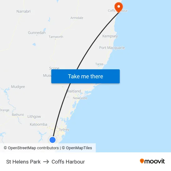 St Helens Park to Coffs Harbour map