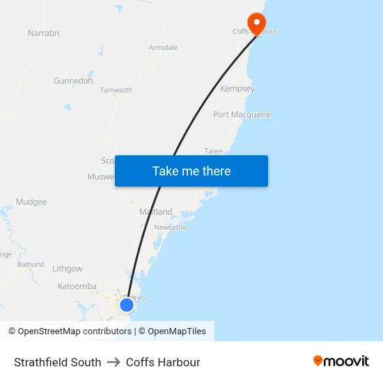Strathfield South to Coffs Harbour map