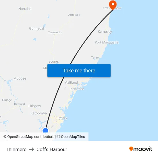 Thirlmere to Coffs Harbour map