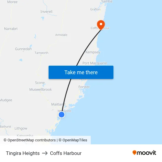 Tingira Heights to Coffs Harbour map