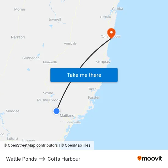 Wattle Ponds to Coffs Harbour map