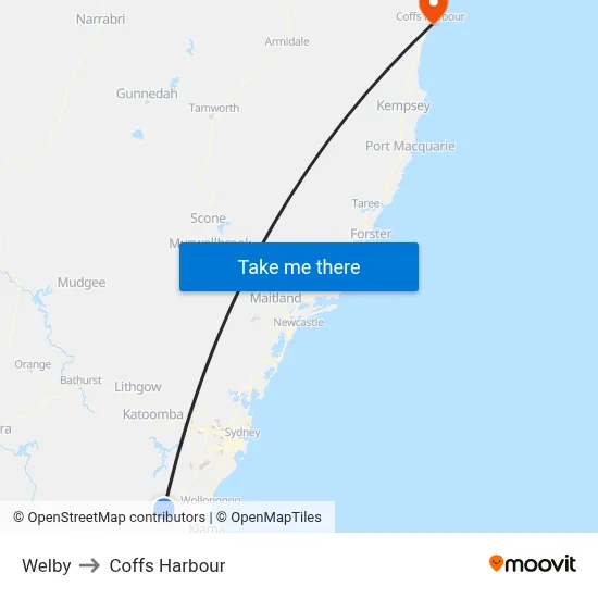 Welby to Coffs Harbour map