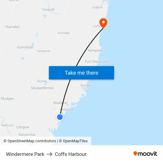 Windermere Park to Coffs Harbour map