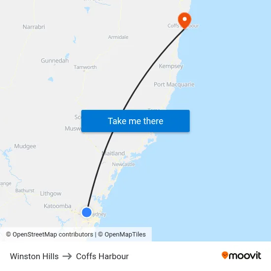 Winston Hills to Coffs Harbour map
