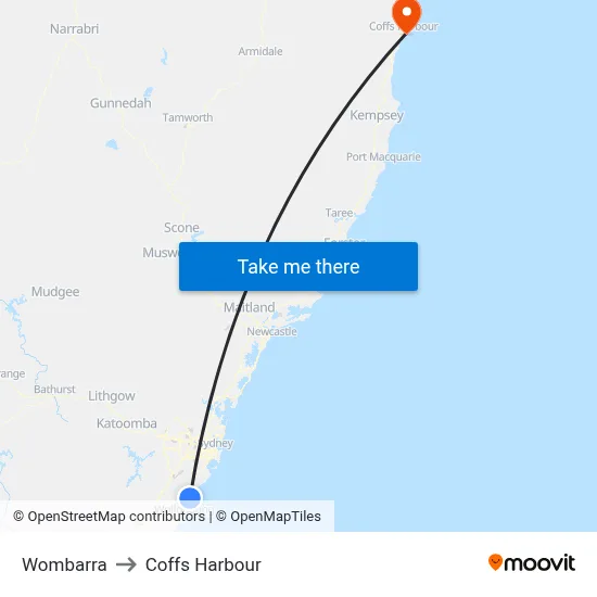 Wombarra to Coffs Harbour map