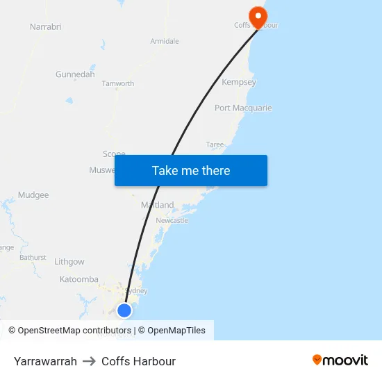 Yarrawarrah to Coffs Harbour map