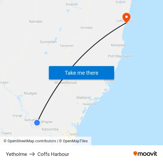 Yetholme to Coffs Harbour map