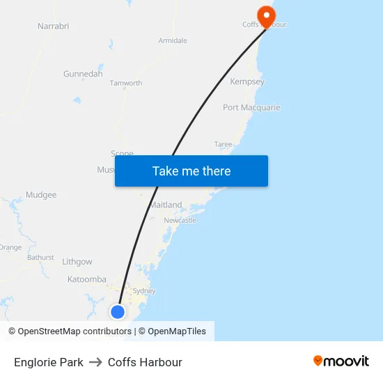 Englorie Park to Coffs Harbour map