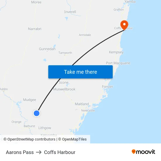 Aarons Pass to Coffs Harbour map