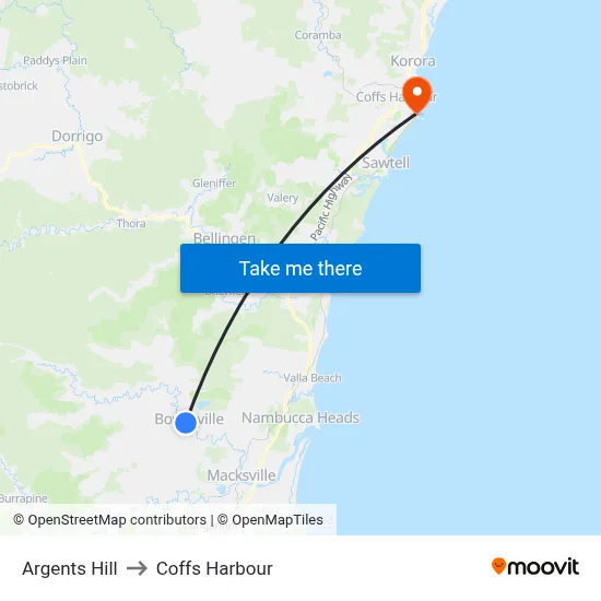 Argents Hill to Coffs Harbour map