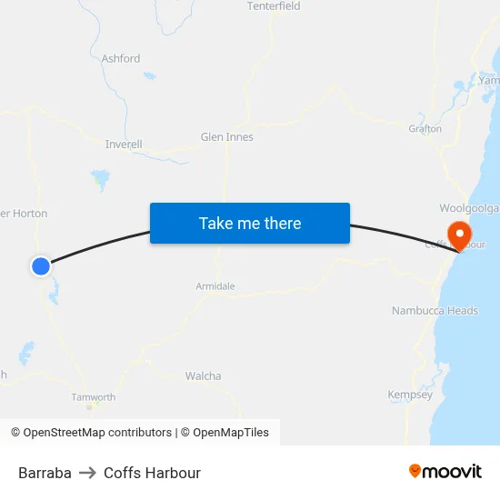 Barraba to Coffs Harbour map