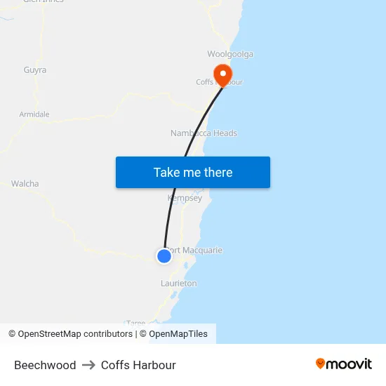 Beechwood to Coffs Harbour map