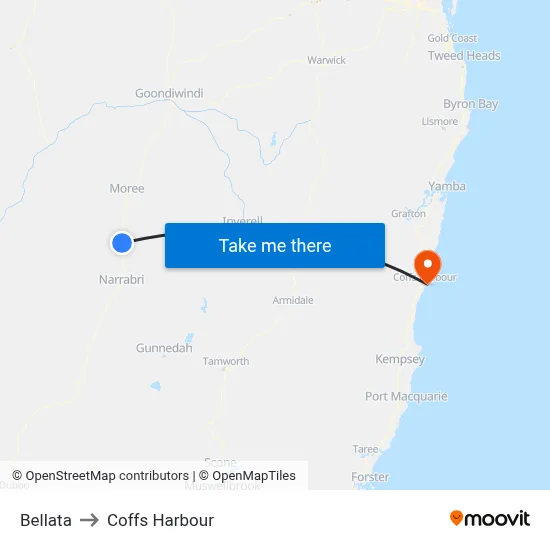 Bellata to Coffs Harbour map