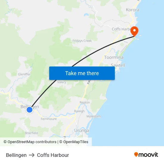 Bellingen to Coffs Harbour map