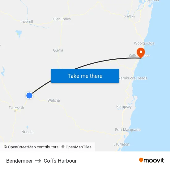 Bendemeer to Coffs Harbour map