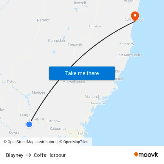 Blayney to Coffs Harbour map