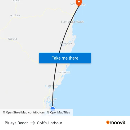 Blueys Beach to Coffs Harbour map