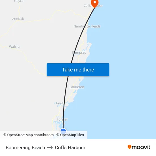 Boomerang Beach to Coffs Harbour map