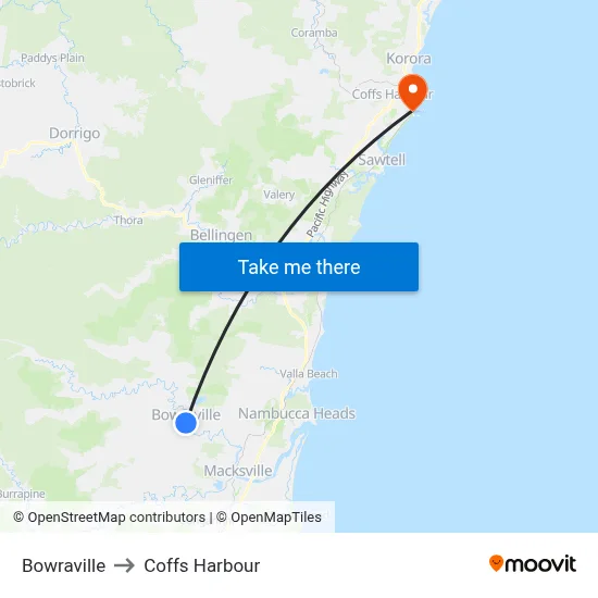 Bowraville to Coffs Harbour map