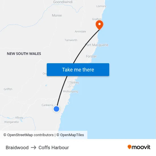 Braidwood to Coffs Harbour map