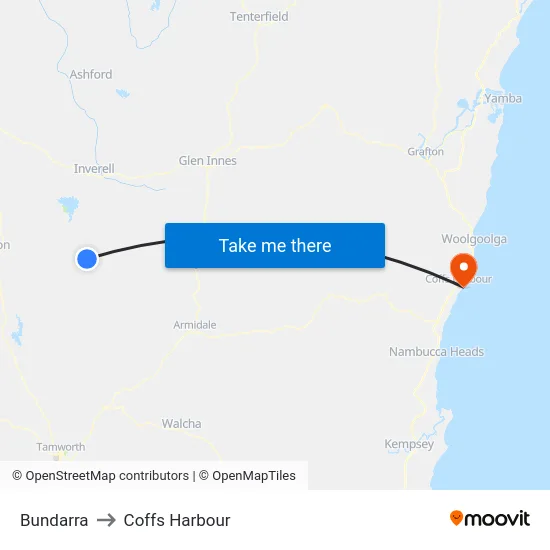 Bundarra to Coffs Harbour map