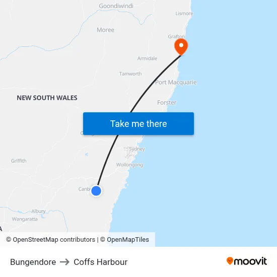 Bungendore to Coffs Harbour map