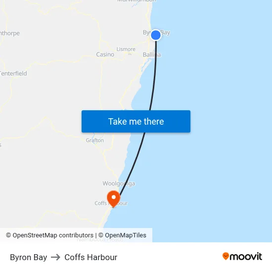 Byron Bay to Coffs Harbour map