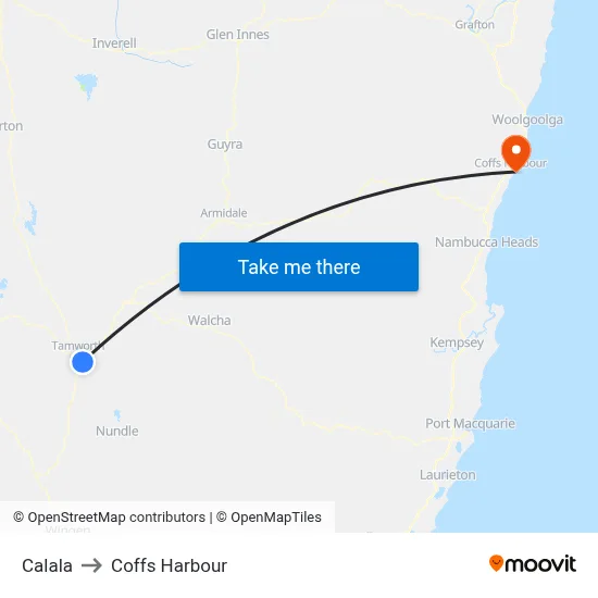 Calala to Coffs Harbour map