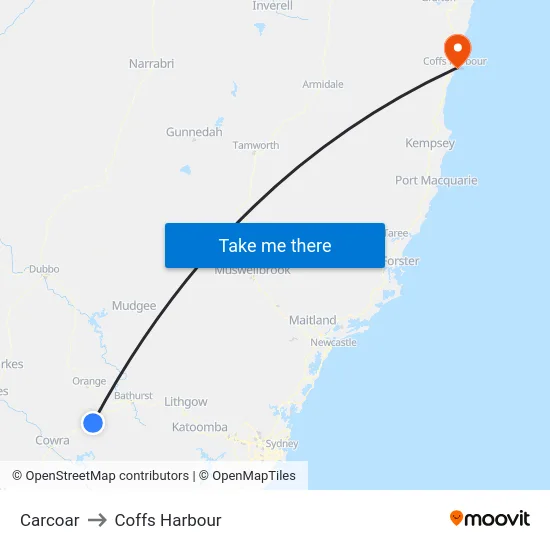 Carcoar to Coffs Harbour map