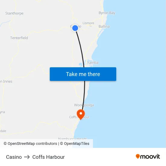 Casino to Coffs Harbour map