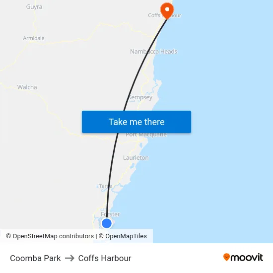 Coomba Park to Coffs Harbour map
