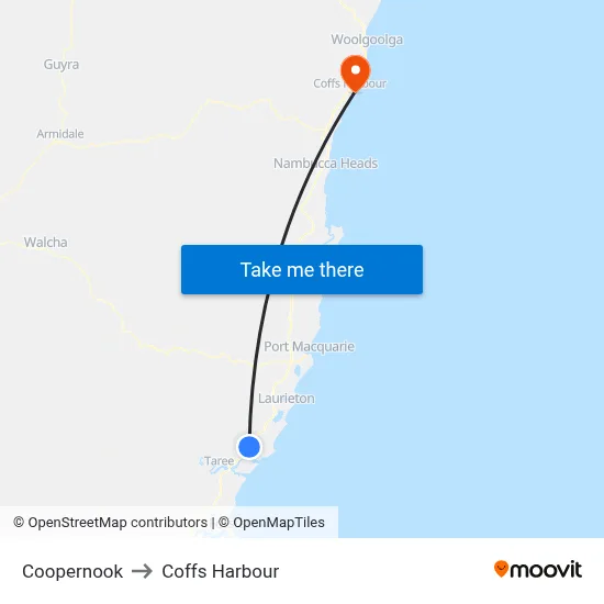 Coopernook to Coffs Harbour map