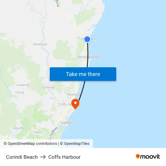 Corindi Beach to Coffs Harbour map