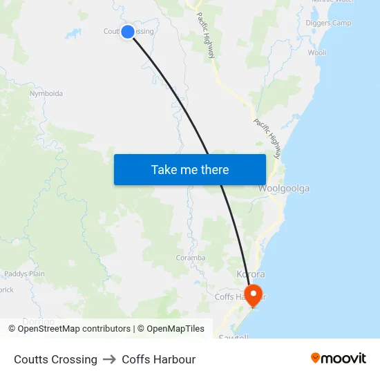Coutts Crossing to Coffs Harbour map