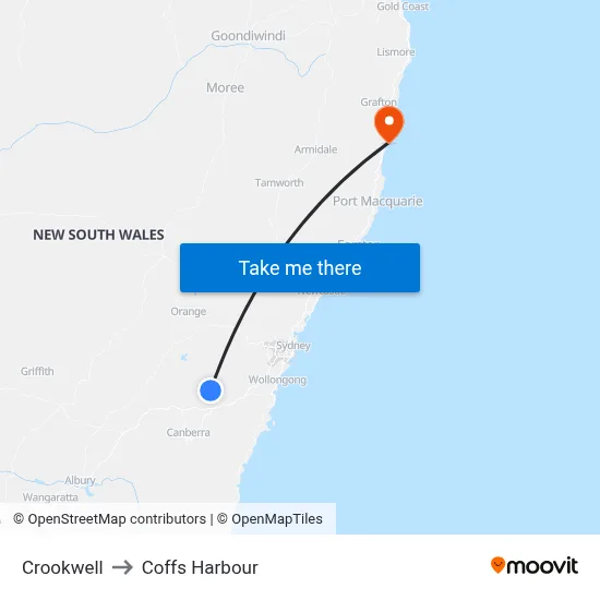 Crookwell to Coffs Harbour map